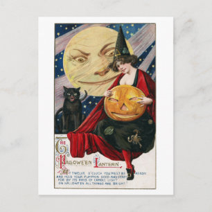 Cartão Postal Bruxa Bonita de Halloween Antigo e Homem na Lua