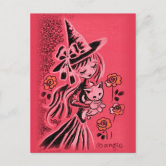 Cartão Postal Bruxa Bonita De Halloween Com Kitten