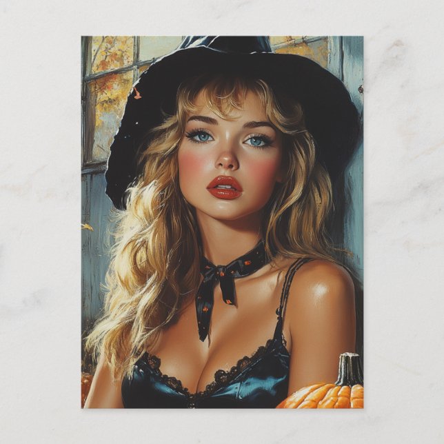 Cartão Postal Bruxa bonito do Halloween (Frente)