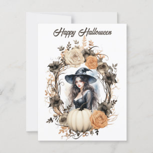 Cartão Postal Bruxa bonito no Halloween Wreath