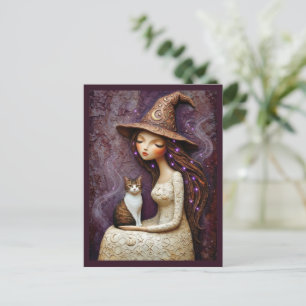 Cartão Postal Bruxa Caprichosa Gato Halloween Lua Mística