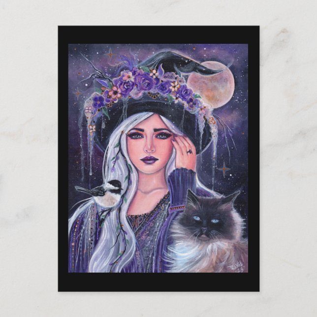 Cartão Postal Bruxa com gatinho de Renee Lavoie (Frente)
