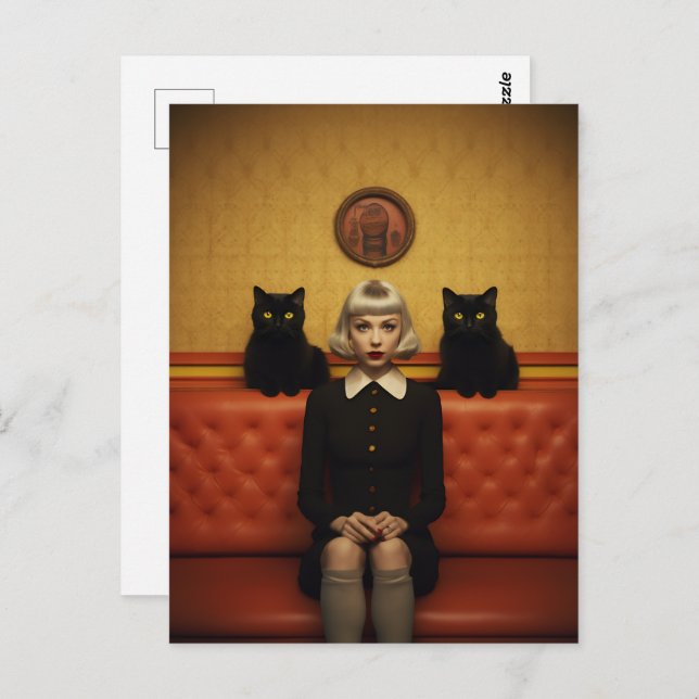Cartão Postal Bruxa com gatos pretos (Frente/Verso)