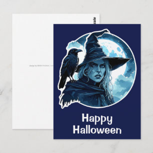Cartão Postal Bruxa com um Corvo - Diversão para Fãs de Hallowee