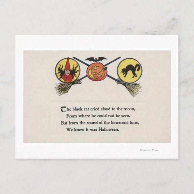 Cartão Postal Bruxa com vassouras, Gato, Lua (Frente)