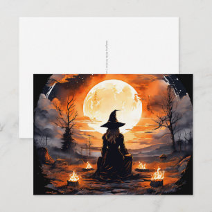 Cartão Postal Bruxa com Velas e Fogo - Wicca Halloween 2