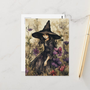 Cartão Postal Bruxa de Aquarela com Flores