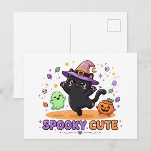 Cartão Postal Bruxa de Gatinho Preto Fofo de Halloween