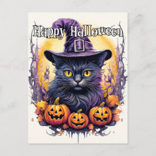 Cartão Postal Bruxa de Gato Gato Bonito Halloween