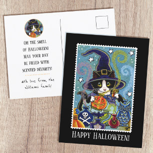 Cartão Postal Bruxa de Gato Personalizada do Cheiro de Halloween