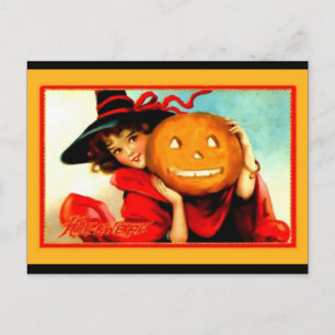 Cartão Postal Bruxa de Halloween bonita com Jack O' Lantern Vint