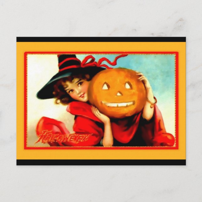 Cartão Postal Bruxa de Halloween bonita com Jack O' Lantern Vint (Frente)