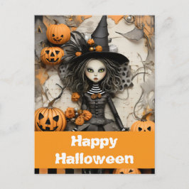 Cartão Postal bruxa de Halloween com abóboras