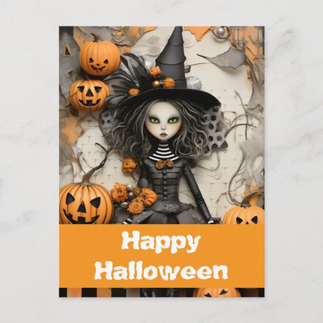 Cartão Postal bruxa de Halloween com abóboras (Frente)