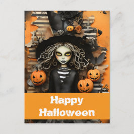 Cartão Postal bruxa de Halloween com abóboras
