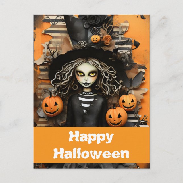 Cartão Postal bruxa de Halloween com abóboras (Frente)