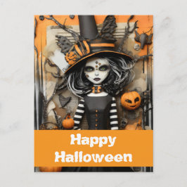 Cartão Postal bruxa de Halloween com abóboras