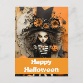 Cartão Postal bruxa de Halloween com abóboras