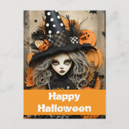 Cartão Postal bruxa de Halloween com abóboras