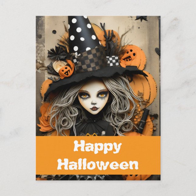 Cartão Postal bruxa de Halloween com abóboras (Frente)