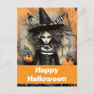 Cartão Postal Bruxa de Halloween com abóboras