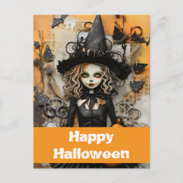 Cartão Postal Bruxa de Halloween com abóboras