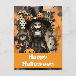 Cartão Postal bruxa de Halloween com abóboras