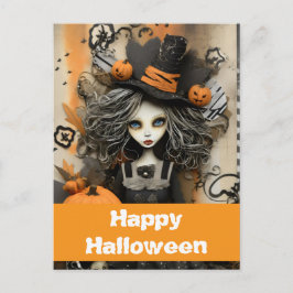 Cartão Postal bruxa de Halloween com abóboras