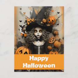 Cartão Postal bruxa de Halloween com abóboras