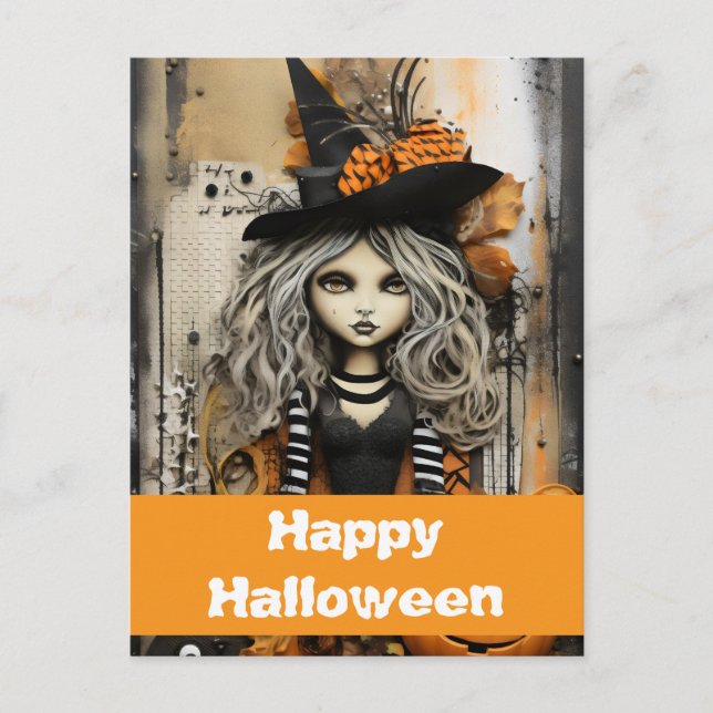 Cartão Postal bruxa de Halloween com abóboras (Frente)