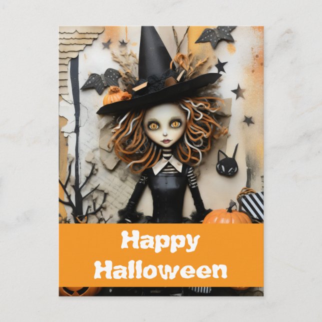 Cartão Postal bruxa de Halloween com abóboras (Frente)