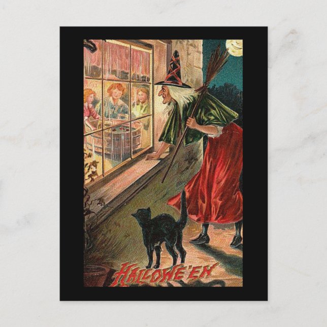 Cartão Postal Bruxa de Halloween com Gato (Frente)