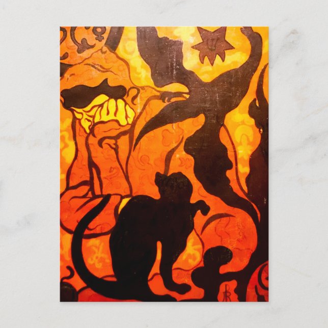 Cartão Postal Bruxa de Halloween com um Gato Negro (Frente)
