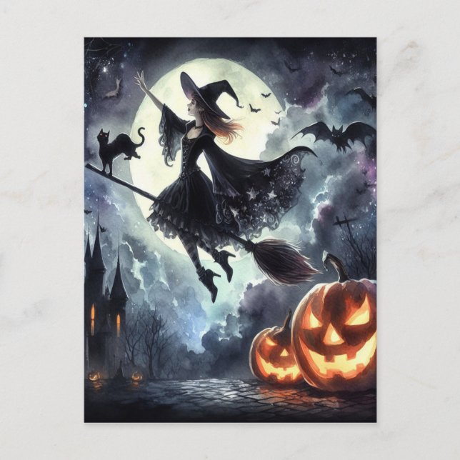 Cartão Postal Bruxa de Halloween com vassoura e gato (Frente)