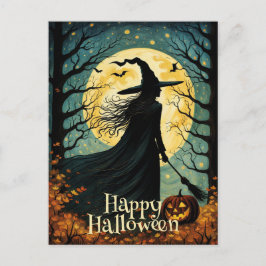 Cartão Postal Bruxa de Halloween da Floresta Noturna Cheia Lua