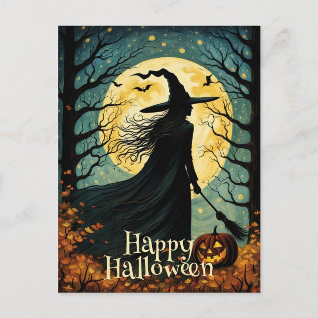 Cartão Postal Bruxa de Halloween da Floresta Noturna Cheia Lua (Frente)
