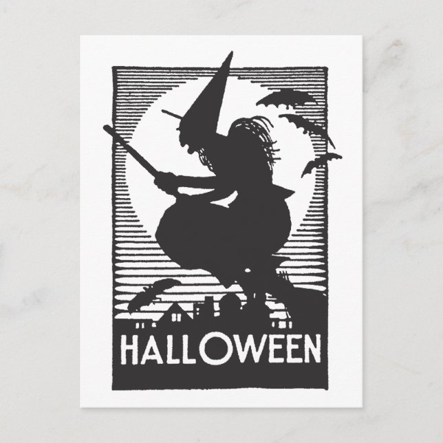Cartão Postal Bruxa de Halloween de Woodcut (Frente)