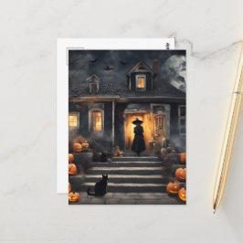 Cartão Postal Bruxa de Halloween e Casa Assombrada