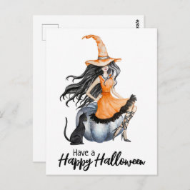 Cartão Postal Bruxa de Halloween e Gato Negro