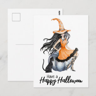 Cartão Postal Bruxa de Halloween e Gato Negro