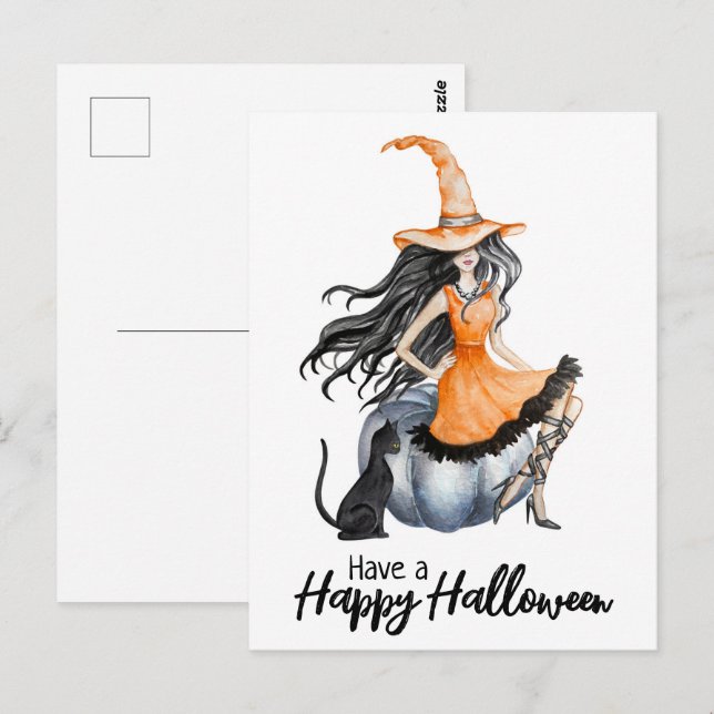 Cartão Postal Bruxa de Halloween e Gato Negro (Frente/Verso)