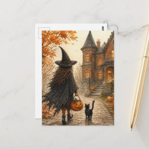 Cartão Postal Bruxa de Halloween Fofo e Gato Preto