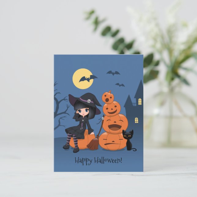 Cartão Postal Bruxa de Halloween, Gato Negro e Abóboras (Em pé/Frente)