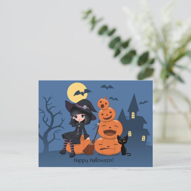 Cartão Postal Bruxa de Halloween, Gato Negro e Abóboras (Em pé/Frente)