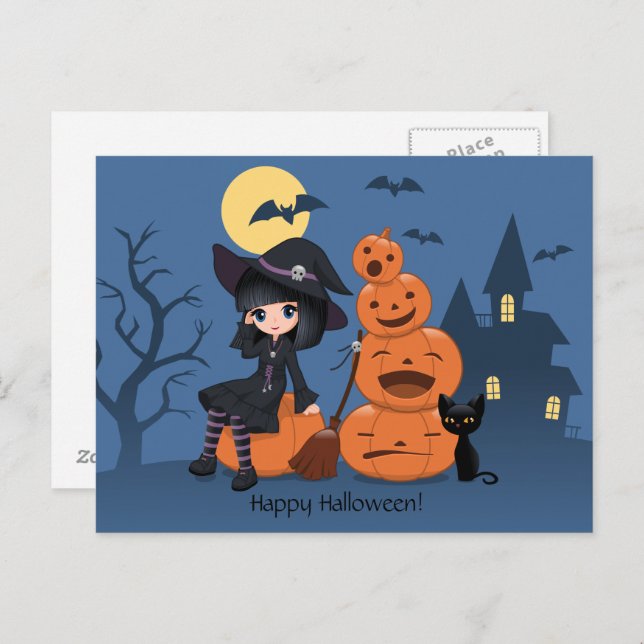 Cartão Postal Bruxa de Halloween, Gato Negro e Abóboras (Frente/Verso)