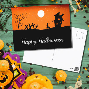 Cartão Postal Bruxa de Halloween Haunted House