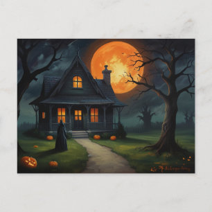 Cartão Postal Bruxa de Halloween Haunted House