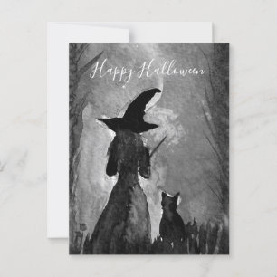 Cartão Postal Bruxa de Halloween Mulher Gato Preto Feitiços