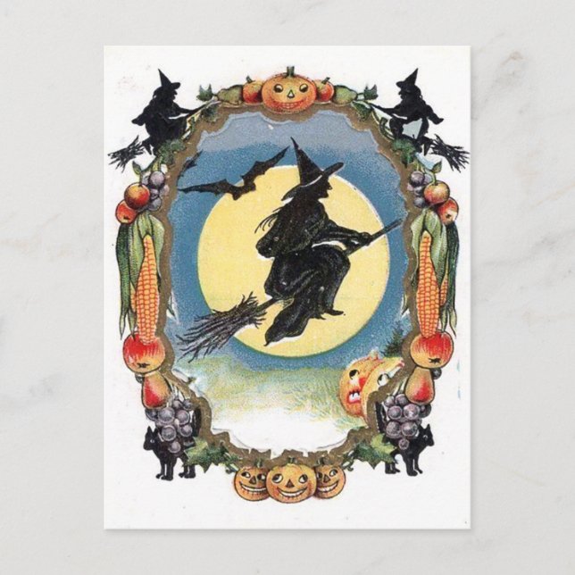 Cartão Postal Bruxa de Halloween que ama a Lua (Frente)