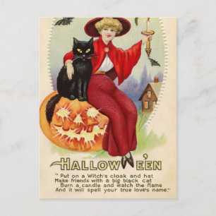 Cartão Postal Bruxa de Halloween Vintage e Gato Preto